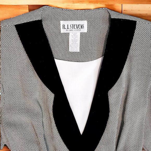 Vintage '80s R.J. Stevens by Carol Escritor Sz 12 Black/White Herringbone Dress - Picture 3 of 10